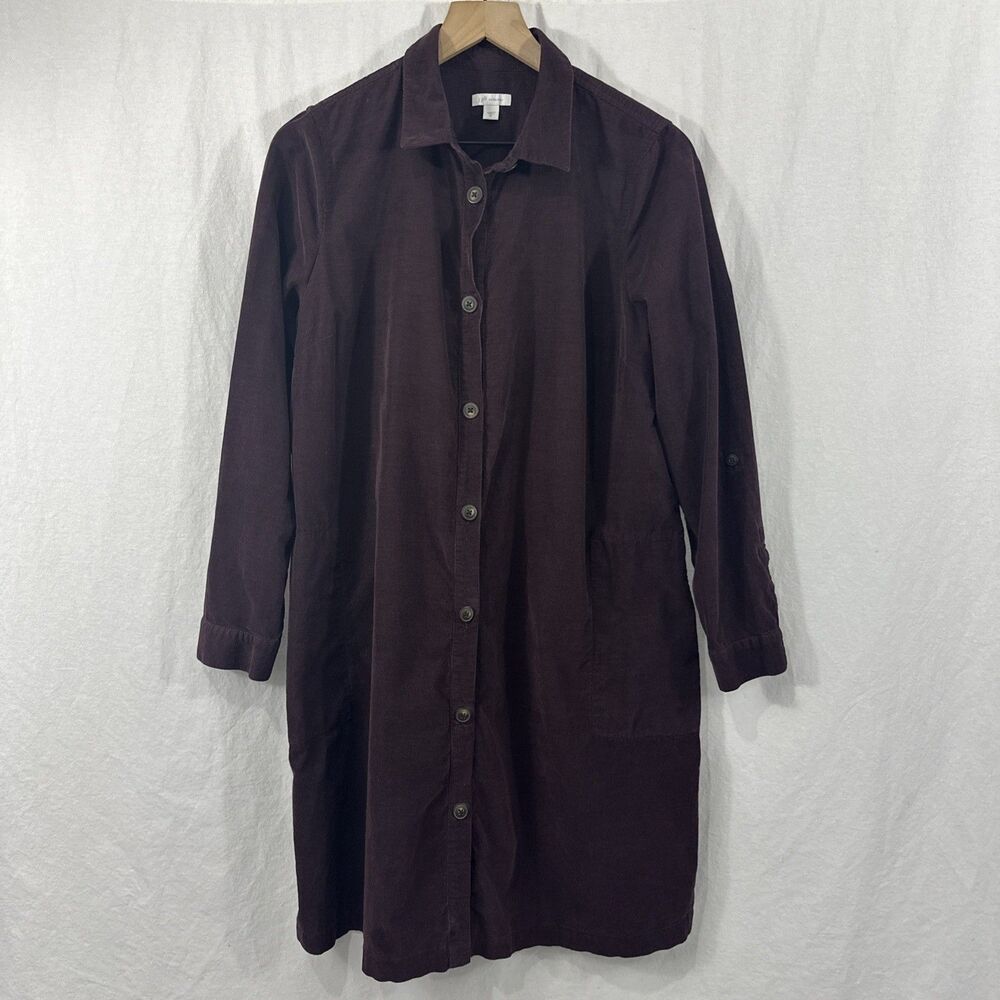 J. Jill Corduroy Brown Button Front Shirt Dress Womens Sz M Fall Roll Tab Sleeve